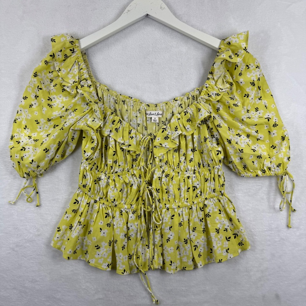 For Love & Lemons‎ Yellow Floral Ruffle Puff Sleeve Peplum Top Small CT1583-SP20